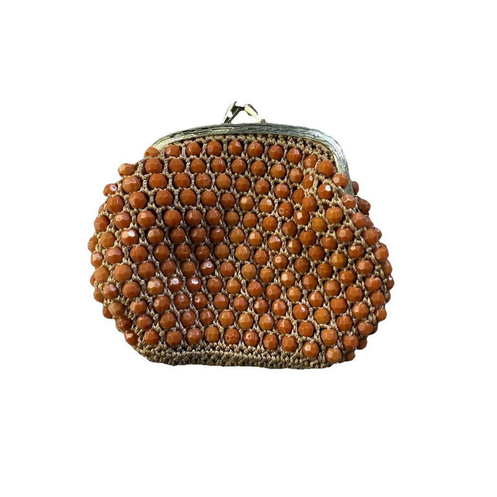 Vintage‎ Amber Colored Beaded Crocheted Coin Purse Kiss Lock Closure